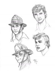 Size: 1200x1548 | Tagged: safe, artist:baron engel, species:human, chin, emergency!, firefighter, firefighter helmet, helmet, johnny gage, monochrome, pencil drawing, ponified, randolph mantooth, sketch, solo, traditional art, wat