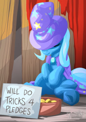 Size: 955x1351 | Tagged: safe, artist:mysticalpha, character:trixie, species:pony, species:unicorn, bits, eyes closed, female, homeless, mare, money, poverty, sad, sign, solo, underhoof, will x for y