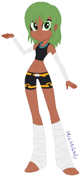 Size: 233x513 | Tagged: safe, artist:giraffer98, artist:selenaede, base used, oc, oc only, oc:knock out, arm wraps, athletic tape, belly button, clothing, dark skin, equestria girls-ified, foot wraps, leg wraps, midriff, pixel art, solo, tank top, tape, trunks
