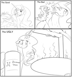 Size: 1020x1080 | Tagged: safe, artist:silfoe, character:philomena, character:princess celestia, royal sketchbook, ask, biohazard, comic, dialogue, dustpan, floppy ears, grayscale, gross, magic, monochrome, pickaxe, poop, the good the bad and the ugly, tumblr, wide eyes