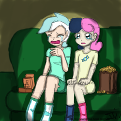 Size: 1280x1280 | Tagged: safe, artist:johnjoseco, character:bon bon, character:lyra heartstrings, character:sweetie drops, species:human, ship:lyrabon, colored, couch, crying, female, food, humanized, lesbian, popcorn, shipping, sitting