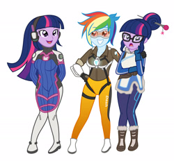 Size: 2227x2091 | Tagged: safe, artist:sumin6301, character:rainbow dash, character:twilight sparkle, character:twilight sparkle (scitwi), species:eqg human, my little pony:equestria girls, analiz sánchez, clothing, crossover, d.va, german, glasses, julia meynen, latin american, mei, open mouth, overwatch, rainbow tracer, simple background, tracer, twolight, voice actor joke, white background