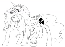 Size: 1280x915 | Tagged: safe, artist:silfoe, character:princess luna, character:twilight sparkle, character:twilight sparkle (alicorn), species:alicorn, species:pony, ship:twiluna, bedroom eyes, black and white, boop, dialogue, eye contact, female, grayscale, horns are touching, lesbian, mare, missing accessory, monochrome, noseboop, older, other royal book, raised hoof, raised leg, shipping, simple background, smiling, speech bubble, white background