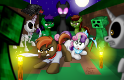 Size: 2000x1294 | Tagged: safe, artist:aleximusprime, character:button mash, character:sweetie belle, armor, creeper, diamond armor, diamond pickaxe, don't mine at night, enderman, endermane, female, male, minecraft, shipping, skeleton, spider, straight, sweetiemash, sword, torch, weapon, zombie