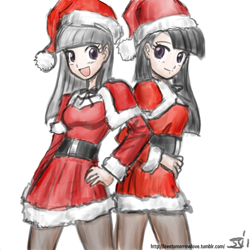Size: 1280x1280 | Tagged: safe, artist:johnjoseco, artist:michos, character:limestone pie, character:marble pie, species:human, christmas, clothing, duo, female, hat, holiday, humanized, pantyhose, pie sisters, santa claus, santa hat
