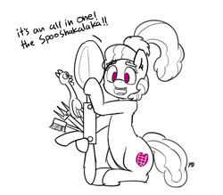 Size: 1280x1119 | Tagged: safe, artist:pabbley, character:boneless, character:plaid stripes, 30 minute art challenge, dialogue, female, lineart, monochrome, rubber chicken, solo, spoon, swiss army knife