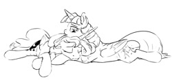 Size: 1280x600 | Tagged: safe, artist:silfoe, character:princess luna, character:twilight sparkle, character:twilight sparkle (alicorn), species:alicorn, species:pony, royal sketchbook, ship:twiluna, black and white, female, grayscale, hug, lesbian, mare, monochrome, other royal book, prone, sad, shipping, simple background, white background