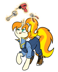 Size: 652x812 | Tagged: safe, artist:egophiliac, oc, oc only, oc:greaser, species:pony, species:unicorn, fallout equestria, boots, clothing, commission, drill, fallout equestria: outlaw, levitation, magic, overalls, pliers, ponytail, solo, tail wrap, telekinesis, tongue out, tools, wrench