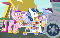 Size: 1240x800 | Tagged: safe, artist:dm29, character:princess cadance, character:princess flurry heart, character:shining armor, carriage, cute, groceries, julian yeo is trying to murder us, royal guard, shopping, shopping cart