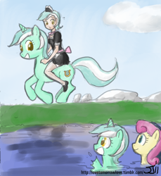 Size: 914x1000 | Tagged: safe, artist:johnjoseco, artist:michos, character:bon bon, character:lyra heartstrings, character:sweetie drops, species:human, species:pony, species:sea pony, species:unicorn, clothing, female, human ponidox, humanized, humans riding ponies, maid, mare, ponidox, riding, running, seapony lyra, self ponidox, water