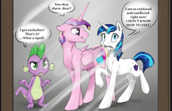 Size: 1200x776 | Tagged: safe, artist:silfoe, character:barb, character:princess cadance, character:shining armor, character:spike, species:alicorn, species:dragon, species:pony, species:unicorn, royal sketchbook, dialogue, gleaming shield, implied transformation, mirror, prince bolero, rule 63