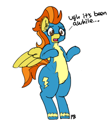 Size: 3251x3743 | Tagged: safe, artist:pabbley, character:stormy flare, species:pony, 30 minute art challenge, bipedal, chubby, clothing, curvy, dialogue, plump, simple background, solo, white background, wonderbolts uniform