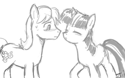 Size: 900x565 | Tagged: safe, artist:johnjoseco, character:caramel, character:twilight sparkle, ship:caralight, female, grayscale, imminent kissing, male, monochrome, shipping, straight