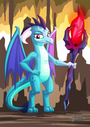 Size: 1169x1655 | Tagged: safe, artist:mysticalpha, character:princess ember, species:dragon, episode:gauntlet of fire, g4, my little pony: friendship is magic, bipedal, bloodstone scepter, dragon lord ember, female, queen, solo