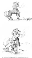 Size: 647x1175 | Tagged: safe, artist:baron engel, character:applejack, oc, blood on the floor, clothing, grayscale, monochrome, pencil drawing, scarf, traditional art