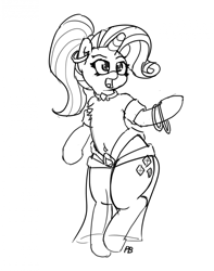 Size: 1280x1625 | Tagged: safe, artist:pabbley, character:rarity, species:pony, 30 minute art challenge, alternate hairstyle, belly button, belly dancer, bellyring, bipedal, bracelet, chest fluff, ear piercing, earring, female, genie, jewelry, lineart, monochrome, necklace, piercing, ponytail, shantae, solo, waistband