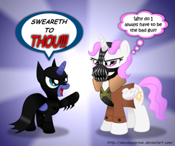 Size: 1024x851 | Tagged: safe, artist:aleximusprime, character:princess celestia, character:princess luna, bane, batman, comic sans, female, filly, filly celestia, filly luna, text, the dark knight rises, woona, younger