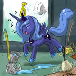 Size: 900x900 | Tagged: safe, artist:johnjoseco, character:princess luna, species:alicorn, species:pony, g4, brush, bucket, cleaning, dancing, eyes closed, female, happy, mare, mop, photoshop, s1 luna, solo, working
