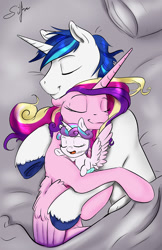 Size: 776x1200 | Tagged: safe, artist:silfoe, character:princess cadance, character:princess flurry heart, character:shining armor, royal sketchbook, ship:shiningcadance, cuddle puddle, cuddling, cute, cutedance, drool, eyes closed, family, female, flurrybetes, happy, male, pony pile, shining adorable, shipping, silfoe is trying to murder us, sleeping, smiling, straight