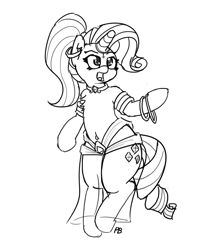 Size: 1280x1529 | Tagged: safe, artist:pabbley, character:rarity, species:pony, 30 minute art challenge, belly button, belly dancer, bellyring, bipedal, clothing, female, genie, monochrome, open mouth, piercing, sketch, solo