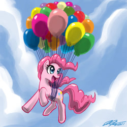 Size: 900x900 | Tagged: safe, artist:johnjoseco, character:pinkie pie, species:earth pony, species:pony, g4, balloon, cloud, cute, diapinkes, female, flying, happy, mare, photoshop, solo, then watch her balloons lift her up to the sky