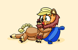 Size: 2493x1614 | Tagged: safe, artist:pabbley, character:applejack, applelion, behaving like a cat, claws, clothing, costume, female, onesie, paws, pillow, solo, tongue out