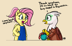Size: 2854x1837 | Tagged: safe, artist:pabbley, character:fluttershy, character:greta, species:griffon, alternate hairstyle, butcher, butchershy, dialogue, food, meat, out of character, ponies eating meat, sausage, steak