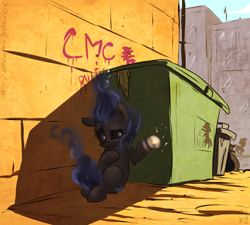 Size: 1000x901 | Tagged: safe, artist:atryl, oc, oc only, 30 minute art challenge, alleyway, darkness, dumpster, elemental, female, garbage bag, graffiti, shadow, sunlight, this will end in death, trash can