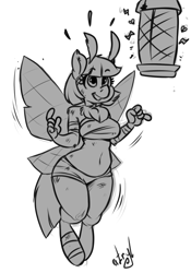 Size: 842x1200 | Tagged: safe, artist:atryl, oc, oc only, oc:shatterfly, species:anthro, species:mothpony, species:unguligrade anthro, bandage, belly button, breasts, bug zapper, bugs doing bug things, female, grayscale, it's a trap, lamp, midriff, monochrome, original species, sketch, solo, this will end in pain, this will end in tears and/or death