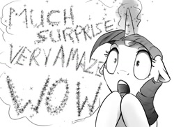 Size: 1280x930 | Tagged: safe, artist:silfoe, character:twilight sparkle, royal sketchbook, doge, floppy ears, gasp, grayscale, illusion, magic, monochrome, open mouth, sarcasm, shocked, wide eyes
