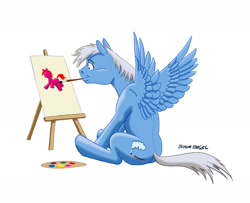 Size: 2390x1940 | Tagged: safe, artist:baron engel, oc, oc only, oc:sky brush, species:pegasus, species:pony, easel, paintbrush, painting, palette, sitting, solo