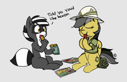Size: 1280x829 | Tagged: safe, artist:pabbley, character:daring do, oc, oc:bandy cyoot, 30 minute art challenge, bacon, dialogue, food, meat, ponies eating meat, raccoon, simple background