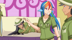Size: 1280x720 | Tagged: safe, artist:jonfawkes, character:daring do, character:quibble pants, character:rainbow dash, species:human, episode:stranger than fanfiction, body pillow, bondage, clothing, daring daki, female, hat, humanized, male, rope, scene interpretation, shirt, tied up, wing ears