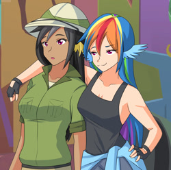 Size: 1280x1269 | Tagged: safe, artist:jonfawkes, character:daring do, character:rainbow dash, species:human, episode:stranger than fanfiction, :3, clothing, faec, female, fingerless gloves, gloves, hat, humanized, not creepy, pants, rainbow dash is best facemaker, scene interpretation, shirt around waist, smug, smugdash, tank top, wing ears