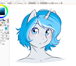 Size: 878x769 | Tagged: safe, artist:askbubblelee, oc, oc only, oc:bubble lee, oc:imago, species:anthro, species:pony, species:unicorn, alternate hairstyle, anthro oc, blushing, cute, freckles, haircut, paint tool sai, solo