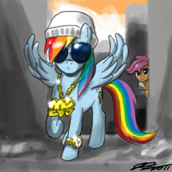Size: 900x900 | Tagged: safe, artist:johnjoseco, character:rainbow dash, character:scootaloo, species:pegasus, species:pony, bling, duo, duo female, female, filly, gangsta, gangster, mare, photoshop, sunglasses