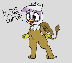 Size: 2740x2398 | Tagged: safe, artist:pabbley, character:gilda, species:griffon, bipedal, blatant lies, chickub, cute, dialogue, dweeb, female, gildadorable, i'm not cute, li'l gilda, lies, open mouth, simple background, solo, wide eyes, younger