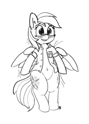 Size: 1280x1782 | Tagged: safe, artist:pabbley, character:daring do, species:pony, 30 minute art challenge, belly button, bipedal, blushing, both cutie marks, clothing, female, monochrome, open clothes, open shirt, sketch, solo