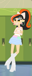 Size: 295x705 | Tagged: safe, artist:obeliskgirljohanny, artist:selenaede, base used, oc, oc only, oc:marmalade meringue, my little pony:equestria girls, boots, canterlot high, clothing, high heel boots, high heels, looking at you, pixel art, ponytail, skirt, solo, tank top