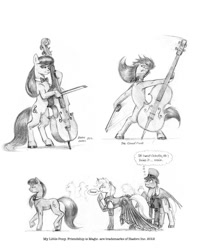 Size: 1081x1350 | Tagged: safe, artist:baron engel, character:octavia melody, oc, oc:petina, oc:sky brush, cello, grayscale, monochrome, musical instrument, pencil drawing, traditional art, wingboner