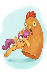 Size: 971x1500 | Tagged: safe, artist:silfoe, character:scootaloo, species:chicken, species:pegasus, species:pony, episode:the cart before the ponies, g4, my little pony: friendship is magic, carrying, cute, cutealoo, cutie mark, female, filly, flying, glomp, gradient background, happy, hug, leg fluff, one eye closed, open mouth, scootachicken, simple background, smiling, solo, speedpaint, spread wings, that was fast, the cmc's cutie marks, wat, wings, wink