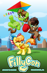 Size: 1024x1582 | Tagged: safe, artist:aleximusprime, oc, oc only, oc:benny, oc:freedom belle, oc:rocky, species:pony, boxing gloves, colt, convention, cute, diabetes, female, filly, fillycon, fillydelphia, kids, kite, kite flying, male, mascot, one eye closed, philadelphia, philly, poster, print, wink