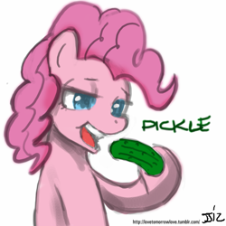 Size: 805x805 | Tagged: safe, artist:johnjoseco, character:pinkie pie, species:earth pony, species:pony, eating, female, mare, one word, pickle, solo