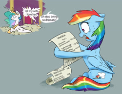 Size: 3300x2550 | Tagged: safe, artist:silfoe, character:princess celestia, character:rainbow dash, species:alicorn, species:pegasus, species:pony, episode:28 pranks later, g4, my little pony: friendship is magic, big ol' pile o' scrolls, bill, dialogue, female, floppy ears, male, mare, open mouth, reality ensues, royal guard, shrunken pupils, speech bubble, speedpaint, stallion, sweat, this will end in bankruptcy, wide eyes
