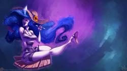 Size: 1920x1080 | Tagged: safe, artist:atryl, character:princess luna, species:human, big breasts, board, breasts, busty princess luna, cleavage, clothing, crystal, dress, eyes closed, female, humanized, magic, open mouth, sandals, singing, sitting, solo