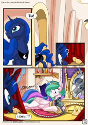 Size: 1447x2047 | Tagged: safe, artist:mysticalpha, character:good king sombra, character:king sombra, character:princess celestia, character:princess luna, species:alicorn, species:pony, comic:day in the lives of the royal sisters, ship:celestibra, bottle, candle, caught, comic, crown, crush plush, dialogue, erlenmeyer flask, female, horseshoes, jewelry, love potion, magic, male, mare, moonbutt, peytral, pillow, plot, plushie, prone, regalia, shelf, shipping, shrine, speech bubble, stalker shrine, straight, telekinesis, wide eyes