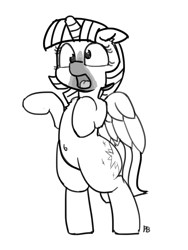 Size: 1280x1699 | Tagged: safe, artist:pabbley, character:twilight sparkle, character:twilight sparkle (alicorn), species:alicorn, species:pony, episode:28 pranks later, g4, my little pony: friendship is magic, bipedal, chest fluff, cookie zombie, derp, female, floppy ears, grayscale, mare, monochrome, open mouth, simple background, solo, white background