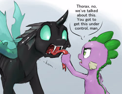 Size: 3300x2550 | Tagged: safe, artist:silfoe, character:spike, character:thorax, species:changeling, species:dragon, episode:the times they are a changeling, g4, my little pony: friendship is magic, alternate ending, dialogue, fangs, forked tongue, frown, glare, grabbing, hissing, long tongue, male, open mouth, spike is not amused, tongue holding, tongue out, unamused, wide eyes