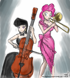 Size: 909x1000 | Tagged: safe, artist:johnjoseco, artist:michos, character:octavia melody, character:pinkie pie, species:human, cello, clothing, dress, duo, female, humanized, musical instrument, trombone