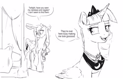 Size: 5100x3300 | Tagged: safe, artist:silfoe, character:princess luna, character:twilight sparkle, character:twilight sparkle (alicorn), species:alicorn, species:pony, royal sketchbook, ship:twiluna, accessory theft, black and white, crown, dialogue, female, grayscale, jewelry, lesbian, mare, monochrome, other royal book, regalia, shipping, simple background, sketch, speech bubble, wet mane, white background